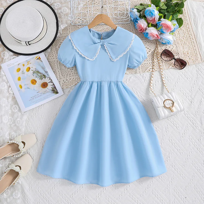 2024 Summer New Arrival Girls Short Sleeve Peter Pan Collar Sky Blue Designer Cute Party Princess Dress Custume 8-12T