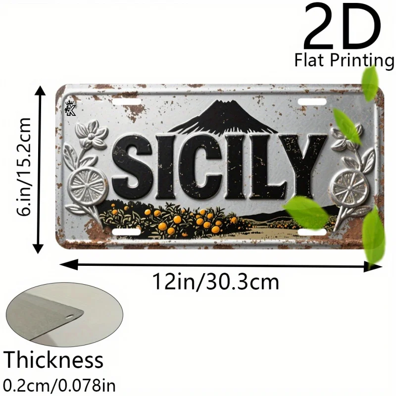 HD Aluminum Print, Vintage Sicily Italy Mount Etna Orange Grove Retro License Plate Style Wall Art, High Definition Bend-Resista