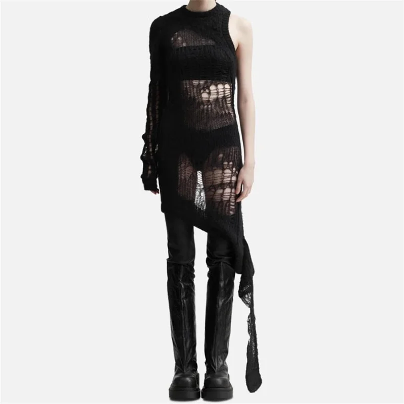 

Women's sweater 2024 Summer New Elastic Knitted Hollow Hippocampus Hair Round Neck Pullover Asymmetric slim fit long sleeved top