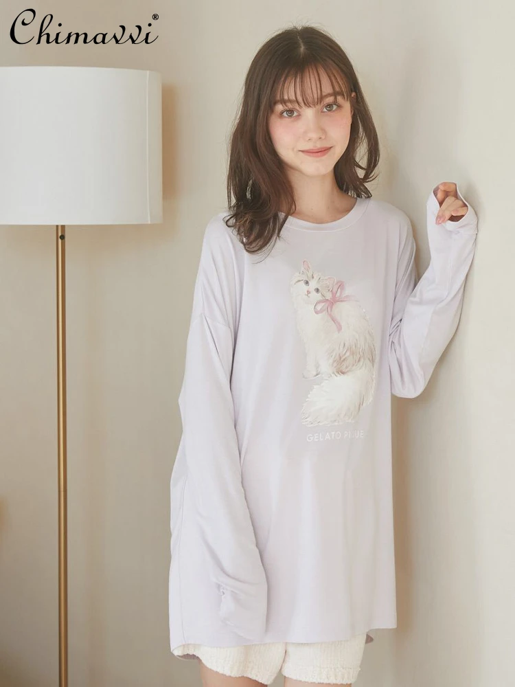 

Japanese Style Cute Cat Print Modal Cotton Homewear Pajamas Sweet Girl Women's Round Neck Long Sleeve Loose T-Shirt Pajamas