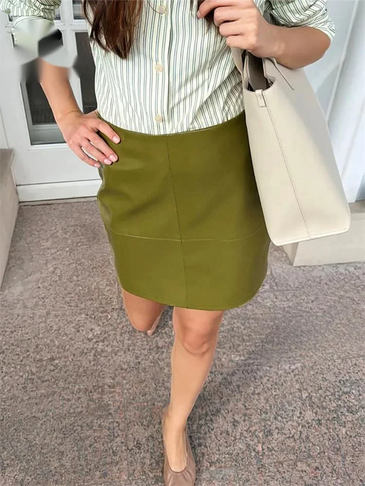 Women PU Leather Classy Skirt Office Lady High Waist French Classic  Autumn Green Sensual Chic Mini Straight Skirt
