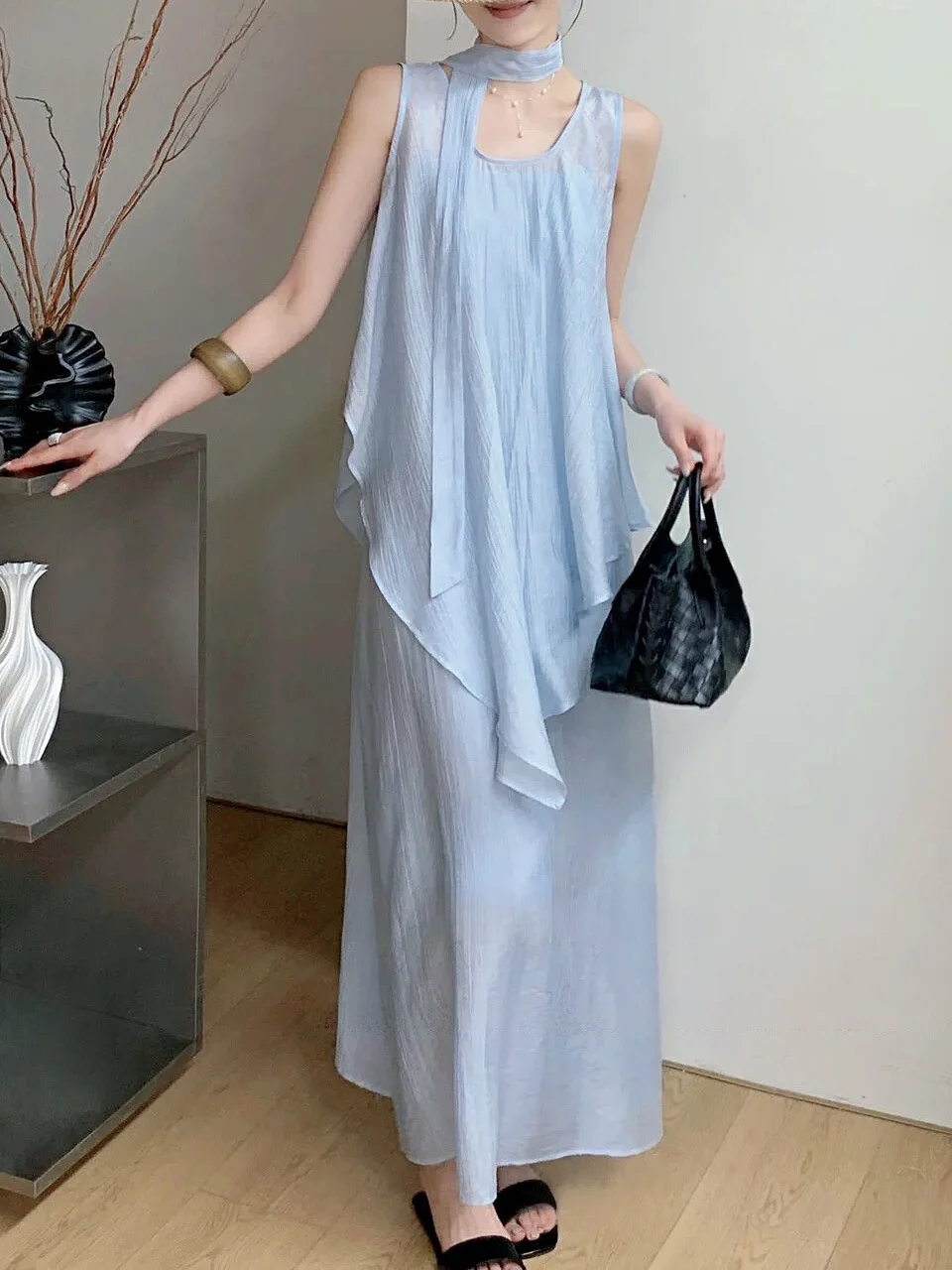 

Beach Vacation 3-Piece Set - Sheer Asymmetrical Top + Flowy Slip Dress with Ribbon