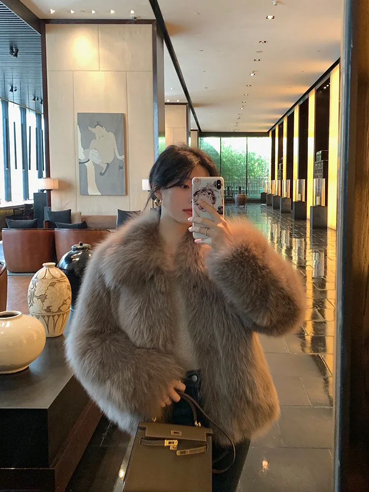 Women Faux Fox Fur Coats Solid Short Jackets Long Sleeves Turn Down Collar Open Stitch Loose Elegant Casual 2026 Autumn Winter