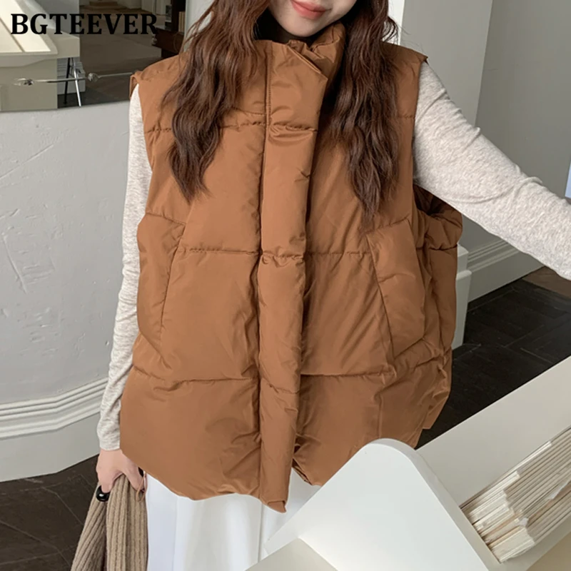 

BGTEEVER винтажный воротник-стойка, утепленное женское пальто с хлопковой подкладкой, повседневные свободные женские пальто на молнии без рукавов, зимние парки