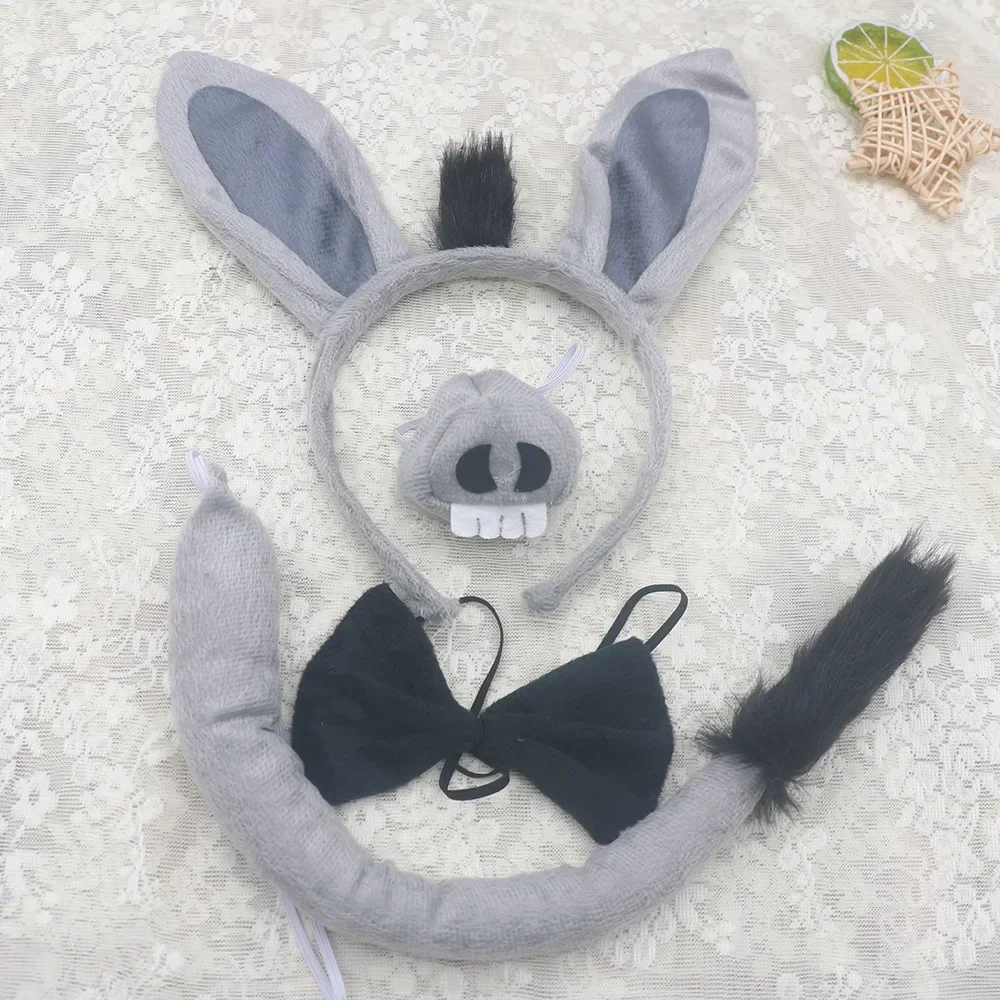 Children Adult Donkey Ears Headband Nose Tail Bow Tie Costume Accessories Set Halloween Cosplay Animal Dress Up Kit