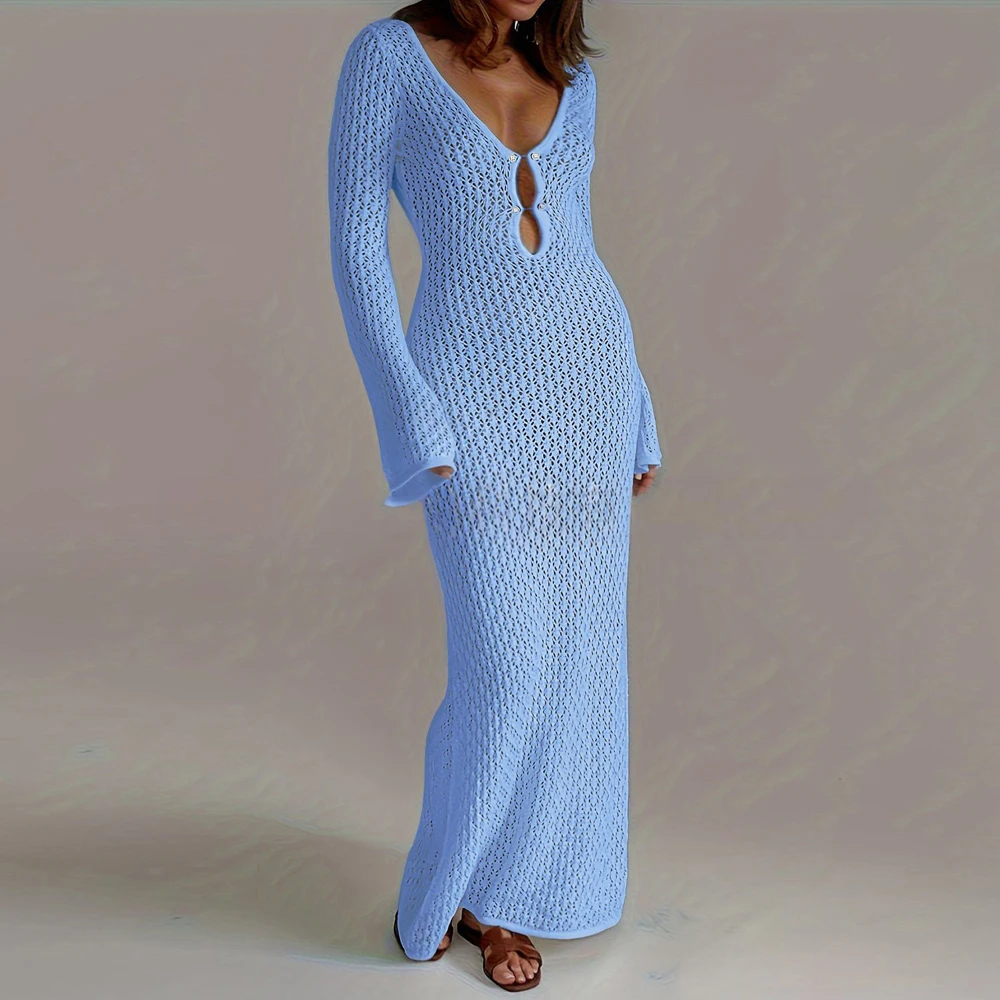 فستان نسائي مثير عادي مفتوح الغرز ميدي بأكمام طويلة ورقبة على شكل حرف V مقصوص للحفلات مجموعة الخريف