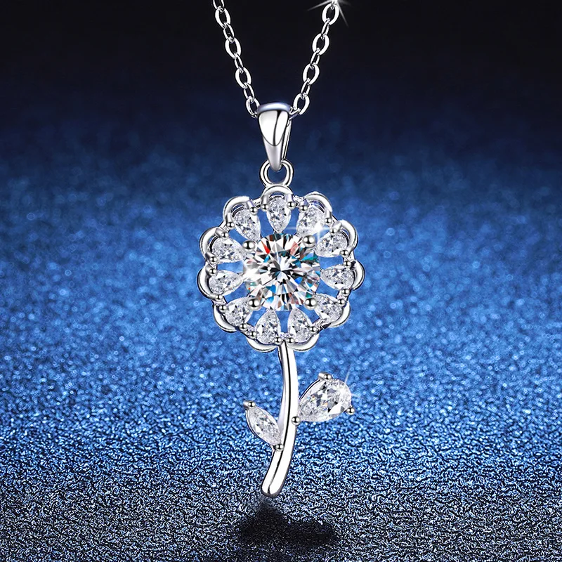 

S925 Silver White Gold Plated 1CT D Color Moissanite Sunflower Pendant Necklace for Women, Exquisite Jewelry.