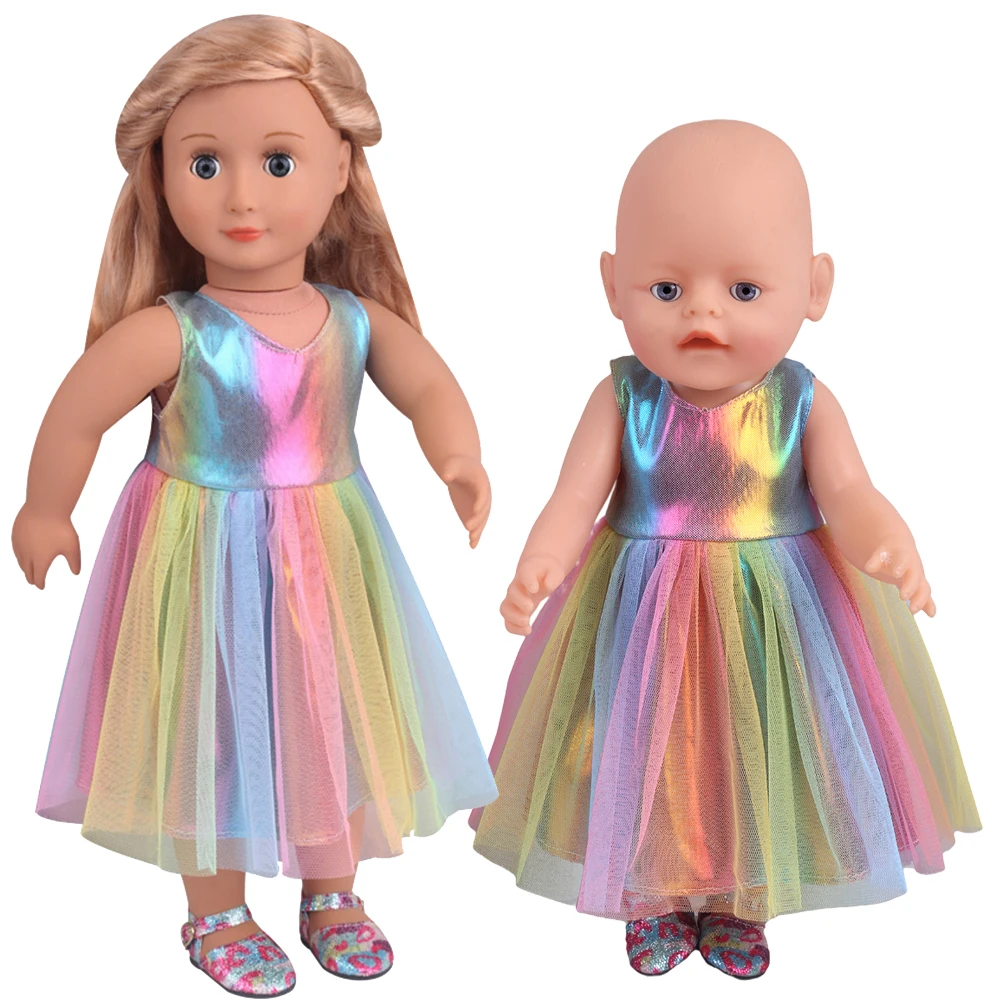 Vestido de tule arco-íris 43 cm bebê reborn bonecas saia boneca americana 18 Polegada vestidos de menina urnas e geração bonecas acessórios