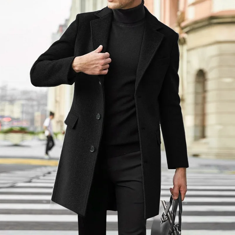 Men Single Breasted Wool Blend Long Coat Notched Lapel Mid Length Overcoat Slim Fit Business Formal Warm Casual Trench Jacket