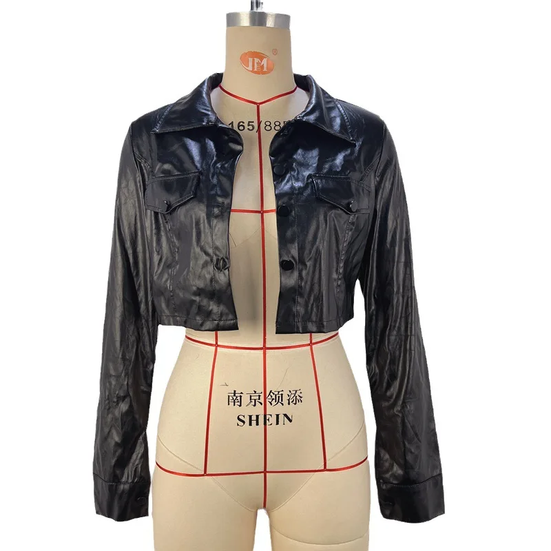 Sexy Crop Top Biker Outfit Hot Girl Belly ow PU Leather Jaet Thin Autumn Faion Abbigliamento da moto da donna