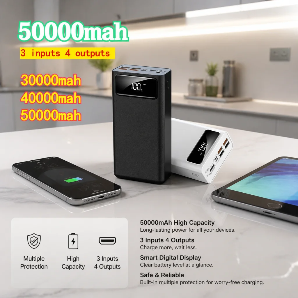 Power Bank 30000 40000 50000mAh Fast Charge Digital Screen For iPhone Samsung Huawei Phones