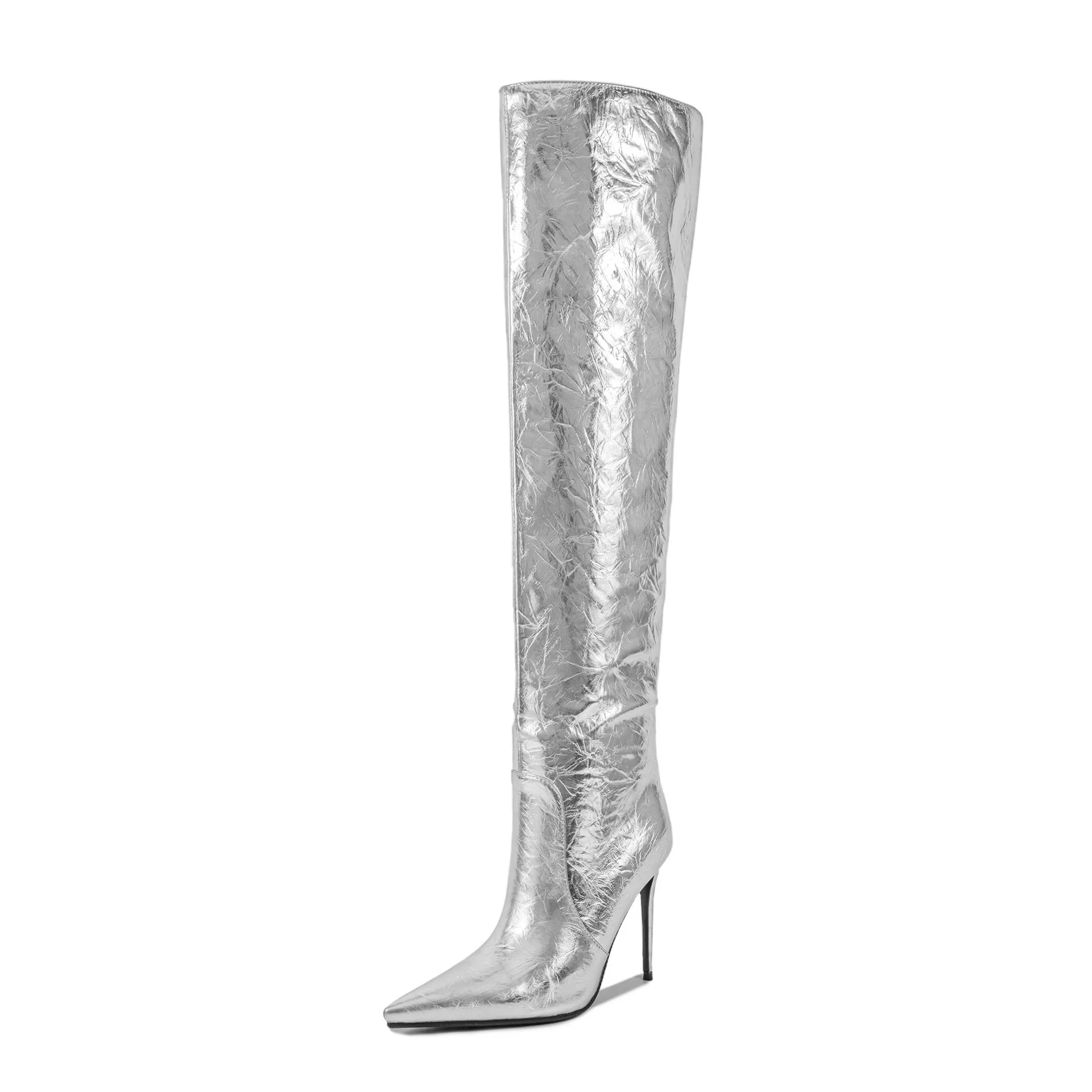 Women's Metallic Crinkled Over-The-Knee Boots Pointed Toe Stiletto Heel Dress Boots for Party Nightclub Bold Fashion Statement