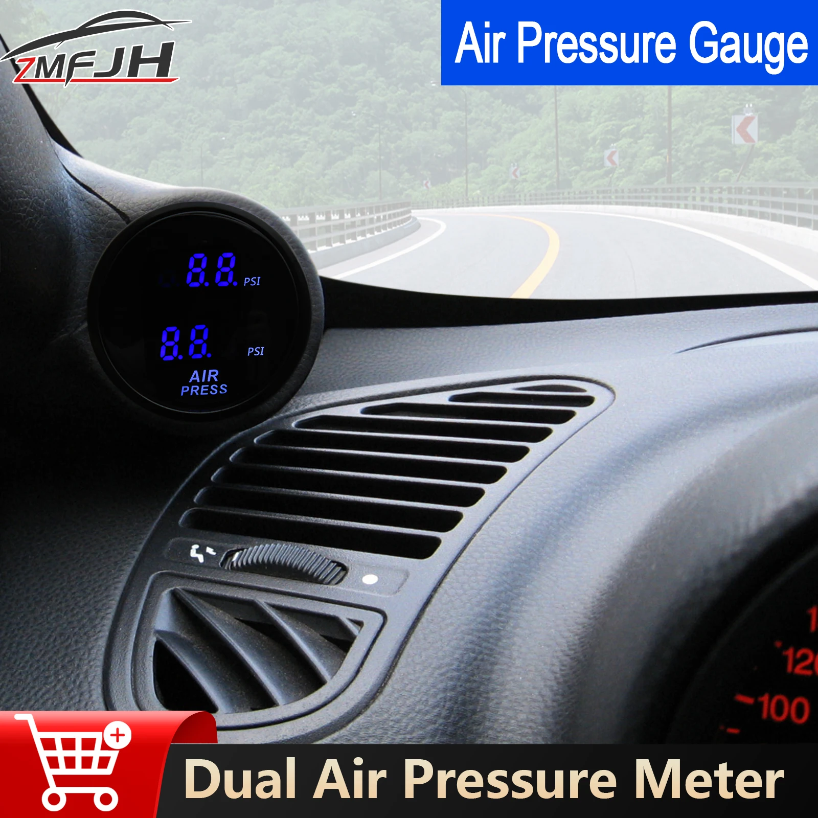 

2''52mm Air Suspension Air Ride Pressure Meter Red/Blue LED Dual Display Air Pressure Gauge PSI Bar With Sensor For 12V Car