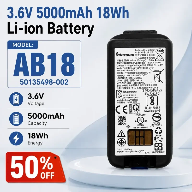 3.6V 5000mAh 18Wh Li-ion Battery For Intermec AB18 50135498-002 CK3 CK65 CK75 EDA60K Barcode Scanner Replacement