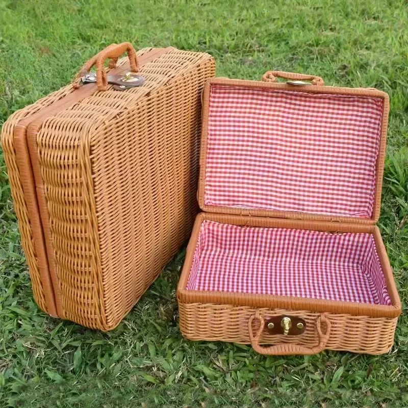 Retro Rattan Suitcase Handmade Wicker Picnic Storage Basket Travel Camping Food Snack Luggage Container Straw Woven Suitcase