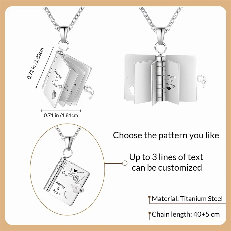 Custom Book Engraved Name and Messages Necklace Personalized Mini Book Locket Necklace Openable Multi Layer Memory Necklaces