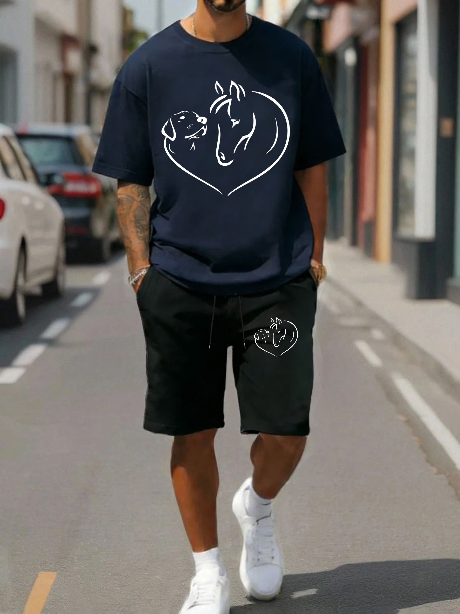 

Dogs And Horses Are Good Companions Print Sportsuit Men Summer Cotton T-Shirt Loose Drawstring Shorts Unisex Casual Clothing