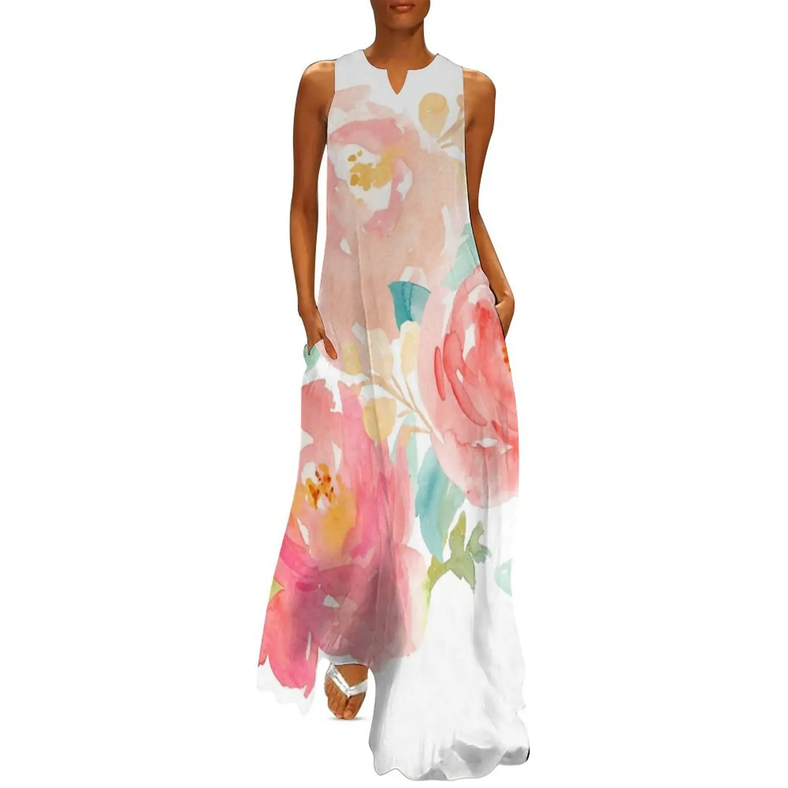 

Peonies Watercolor Bouquet Long Dress summer dresses women 2024 dress for women women"s summer dress 2024