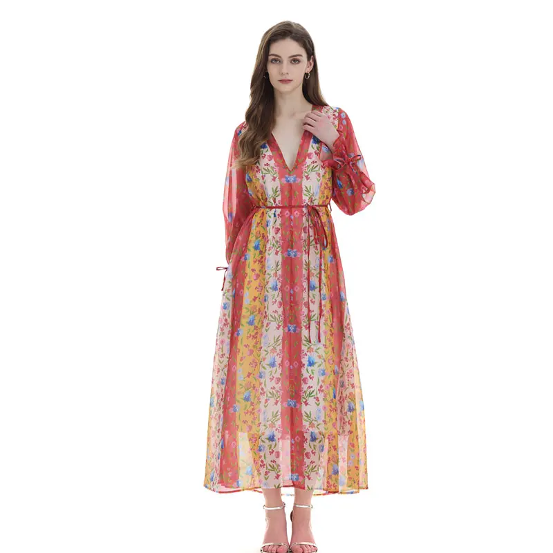 กระโปรงทรงเอเอวสูงผ้าโพลีเอสเตอร์ รุ่น Ele V-Ne Long Sve ทรงบาน เหมาะสำหรับใส่ในฤดูใบไม้ผลิ ฤดูร้อน ฤดูใบไม้ร่วง และฤดูหนาว