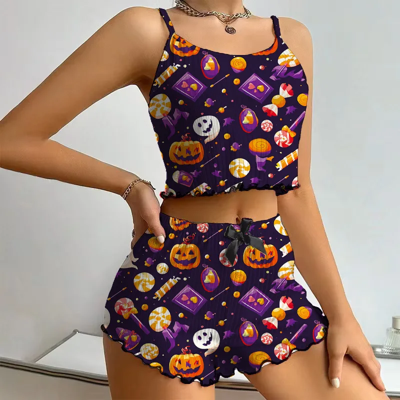 Women Halloween 2 Piece Pajama Set Spaghetti Strap Cami Top & Shorts Pumpkin Ghost Candy Print Ruffle Trim Sleepwear