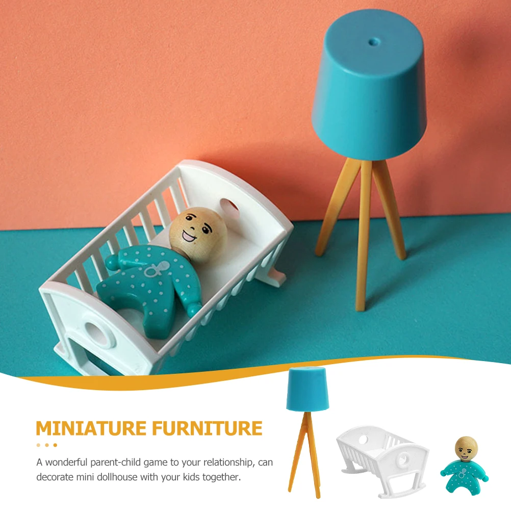 시뮬레이션 된 유아용 침대 플로어 램프 유아 모델 미니 하우스 장식 귀여운 소형 아기 침대 용 플라스틱 인형 집 가구