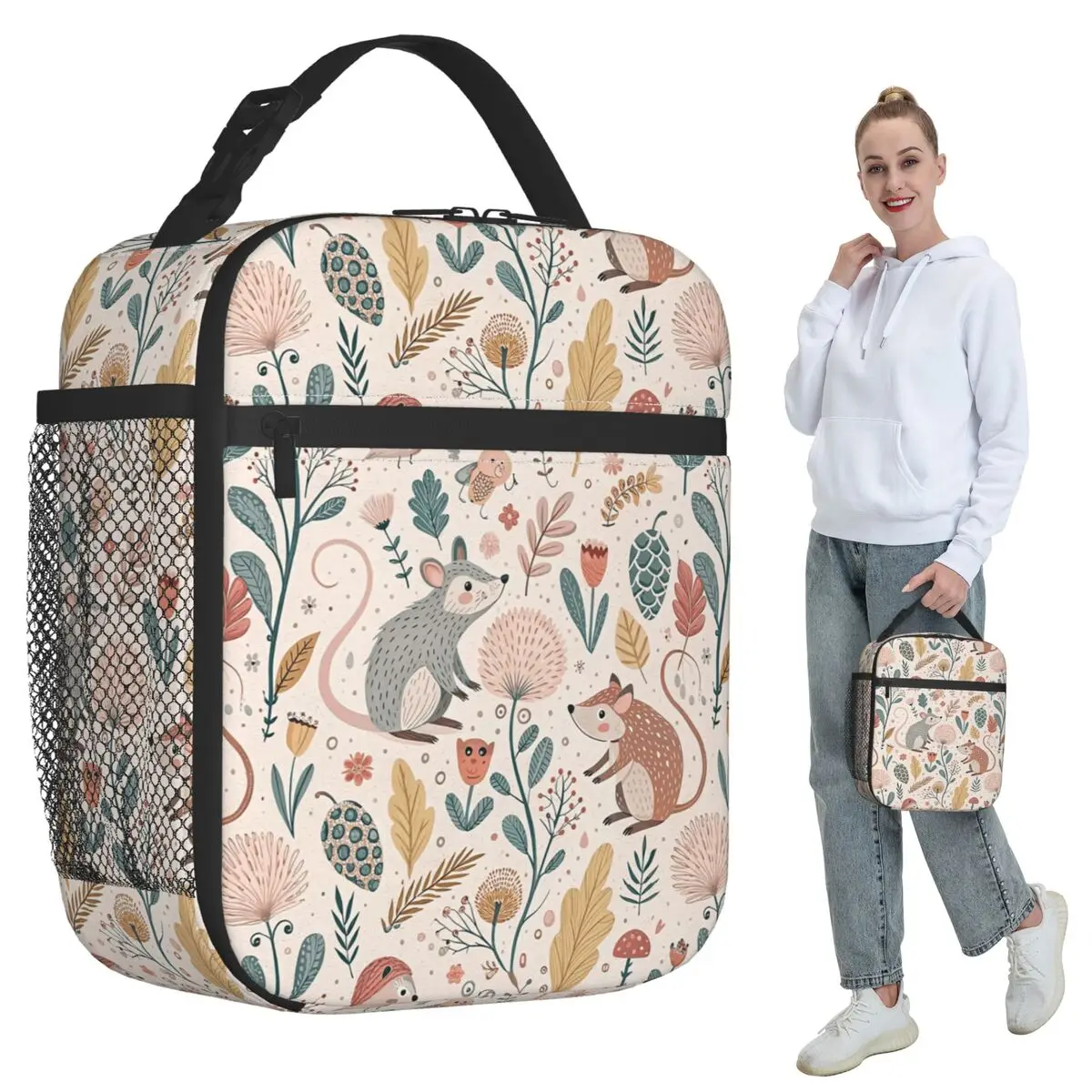 Cartoon Mouse With Plant Pattern Insulated Lunch Bag Women Office Cooler Thermal Food Box Tote Portable Lunch Boxes Container