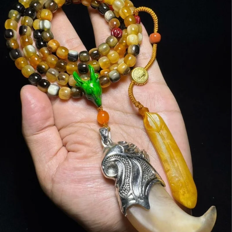 Natural flower donkey hoof multi-loop bracelet with horn hook, Buddhist prayer beads, pendant, hand-held ornament
