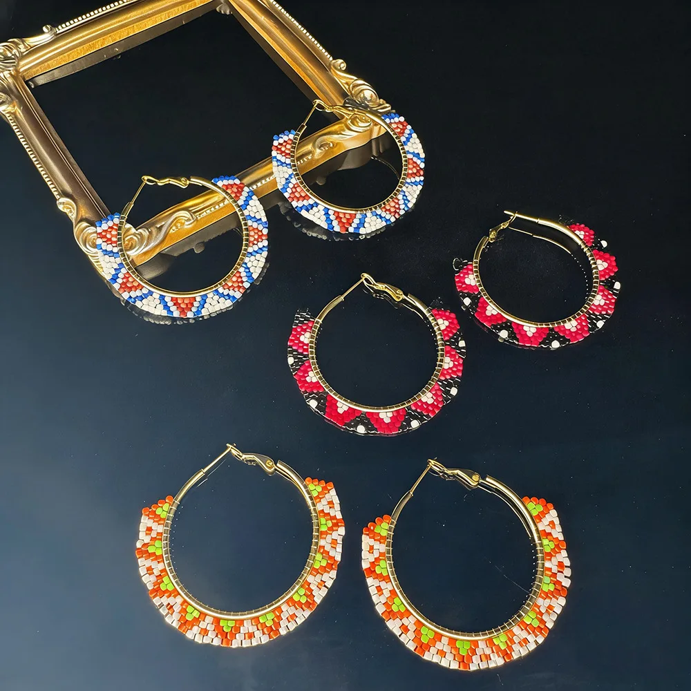 ZGMXR  Rice bead earrings Circle Geometry Pattern Bohemia Alloy Woman Fashion Simple Versatile Colorful Beaded earrings
