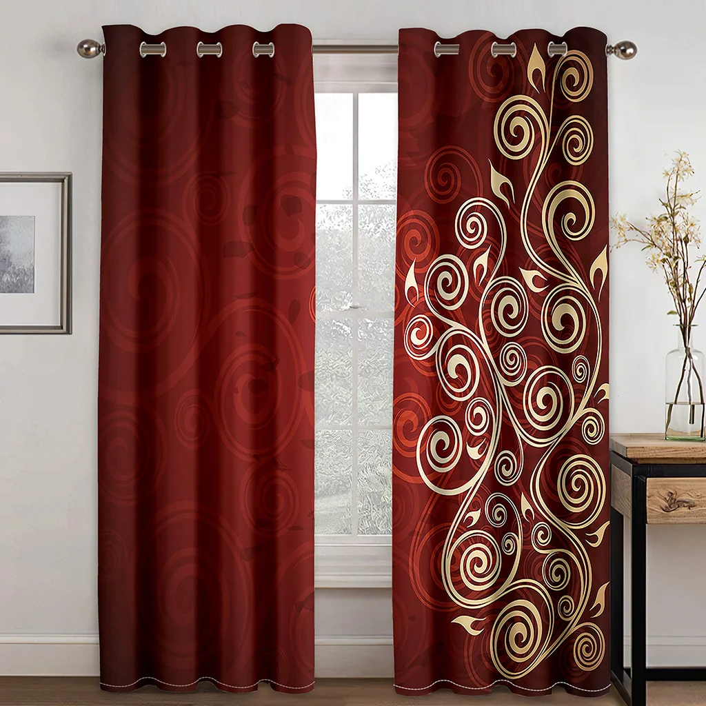 Burgundy Gold Swirl Pattern Curtains 2 Panels Luxury Royal Window Drapes Living Room Bedroom Elegant Decor