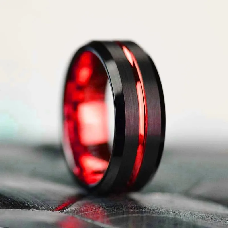 Fashion 8MM Men Stainless Steel Ring Red Green Gold Color Groove Beveled Edge Wedding Engagement Ring Men's Anniversary Jewelry
