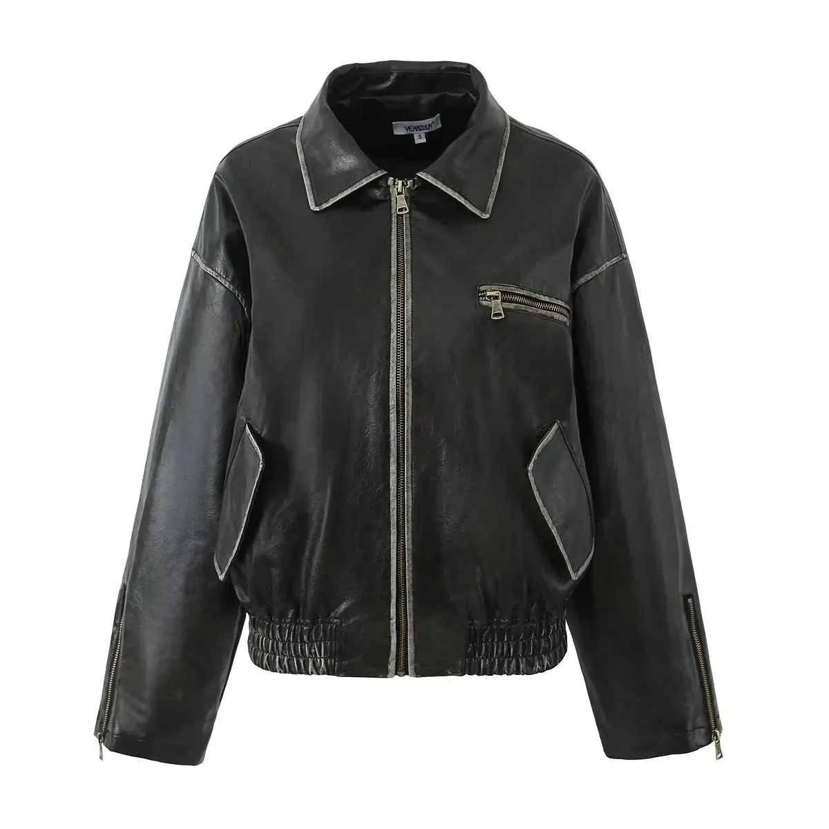 Blouson aviateur en cuir à fermeture éclair monochrome pour femme, revers élégant, manches longues, taille élastique, streetwear chic, mode féminine, automne 2023