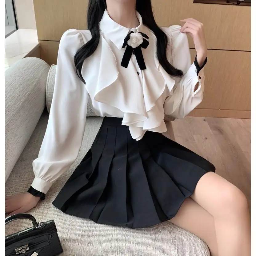 Xiaoxiangfeng Mountain Camellia Top New Lotus Leaf Edge Palace Style Elegant Lady Shirt