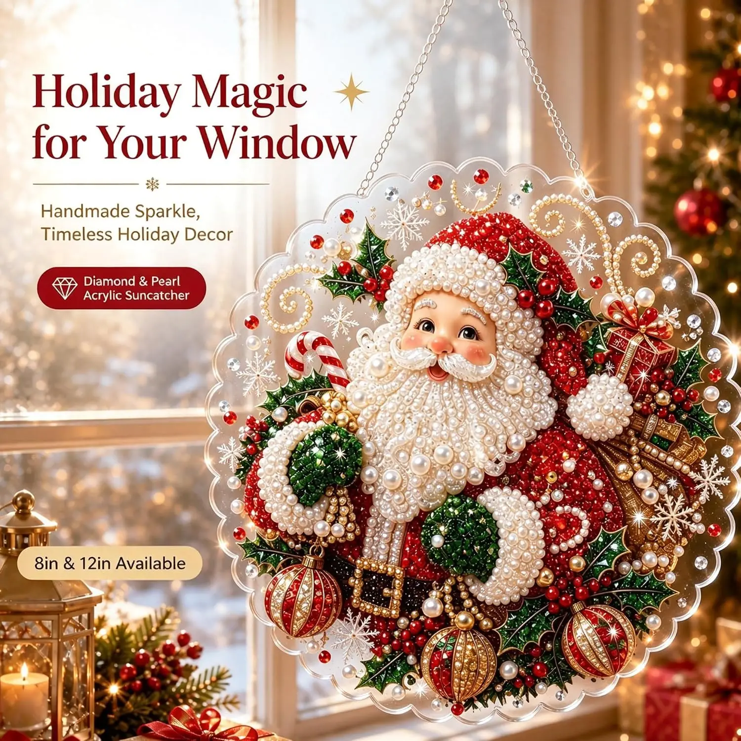 Christmas Pearl Diamond Painting Suncatcher Kit DIY Craft Pre-Assembled Metal Chain Acrylic Round Board with Lace for Wall Decor