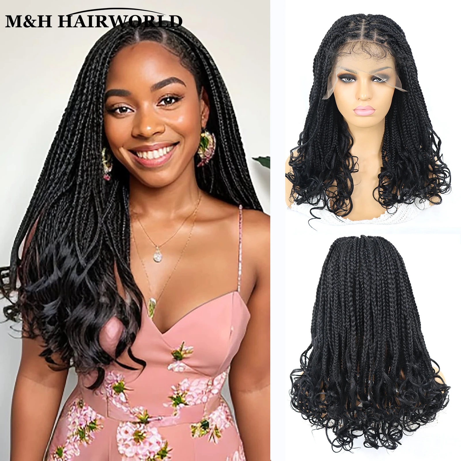 

Black Colored Synthetic Lace Front Braided Wigs For Black Women Cosplay Long Box Braids Curly Ends Wig Glueless Lace Frontal Wig