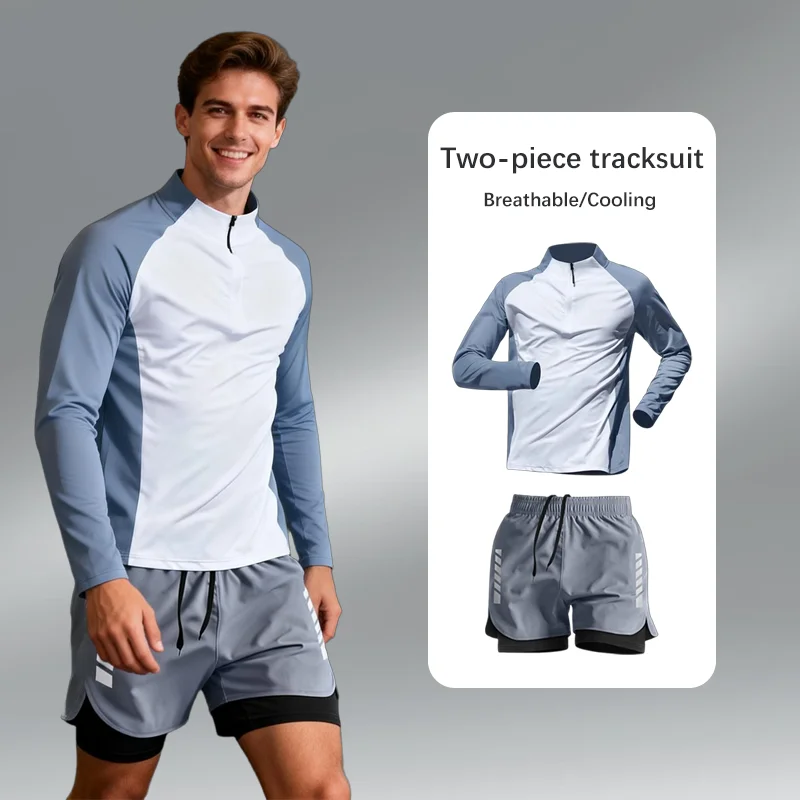 

Мужская одежда для фитнеса и тренировок, быстросохнущая спортивная футболка с длинным рукавом и половиной молнии для бега, светоотражающие шорты 2-в-1, модный костюм