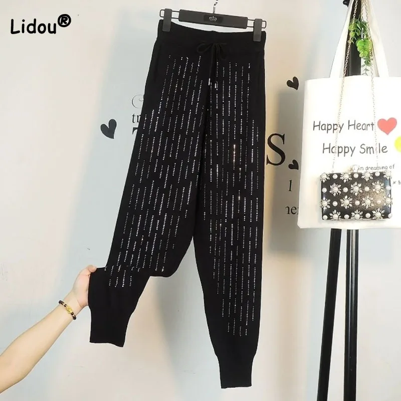 

Solid Color Diamonds Spliced Fashion Harem Pants Women's Clothing Casual All-match Loose Drawstring High Waist Trousers Female