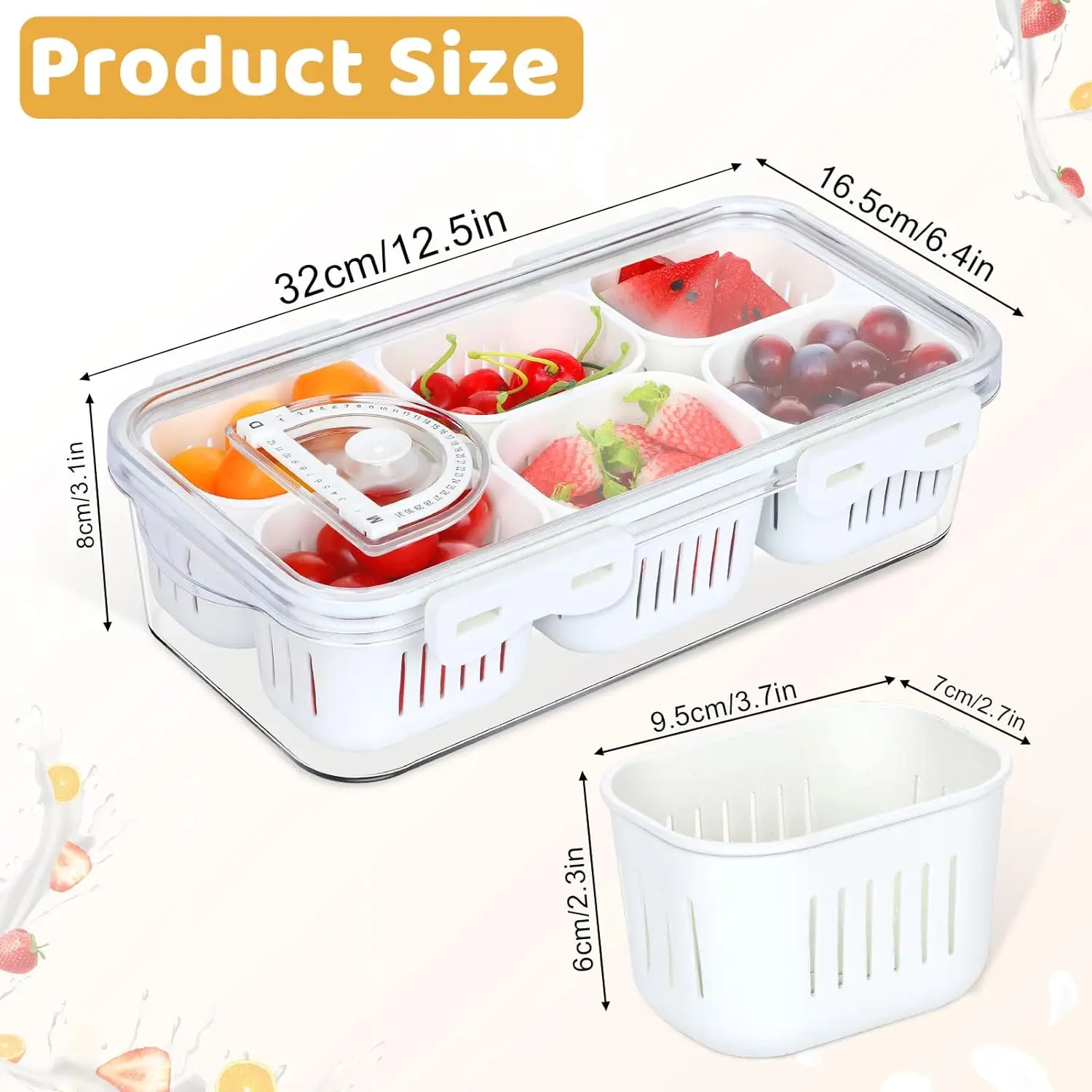 1PCS divider tray with lid, fruit storage container for refrigerator, snack box, portable food storage container with 6 compartm