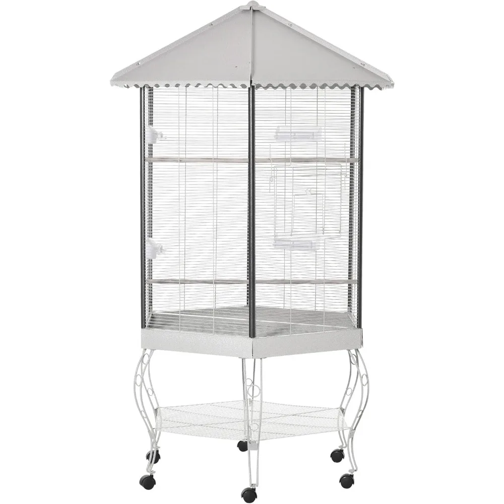 

44" Hexagon Covered Canopy Portable Aviary Flight Bird Cage With Storage