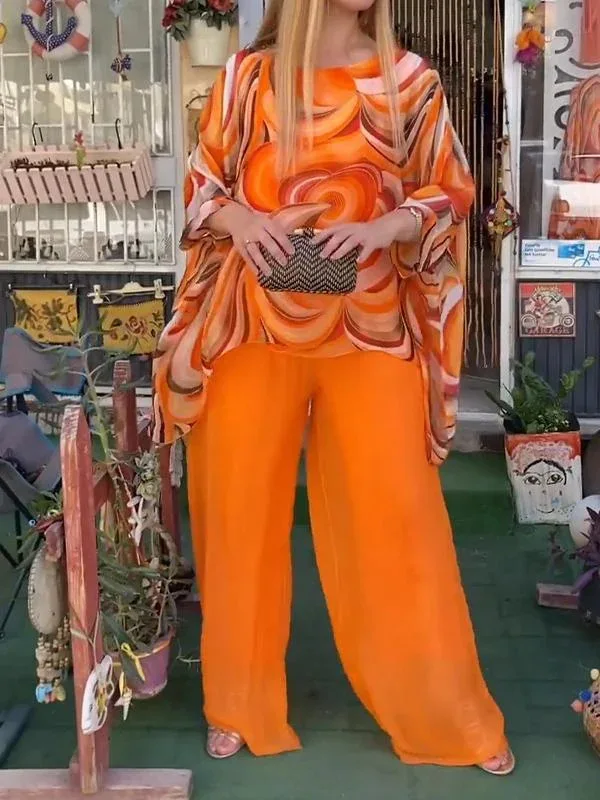 Women Retro Pattern Print Chiffon Two Piece Sets Summer Casual O Neck Irregular Top Pants Suit Spring Half Sleeve Loose Outfit