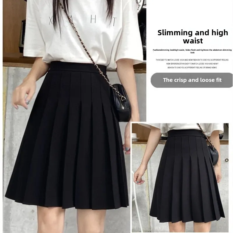 High-Waisted Slimming A- Line Skirt For Women Medium-Length Black JK Plaid Skirt Korean Style Summer Fashion