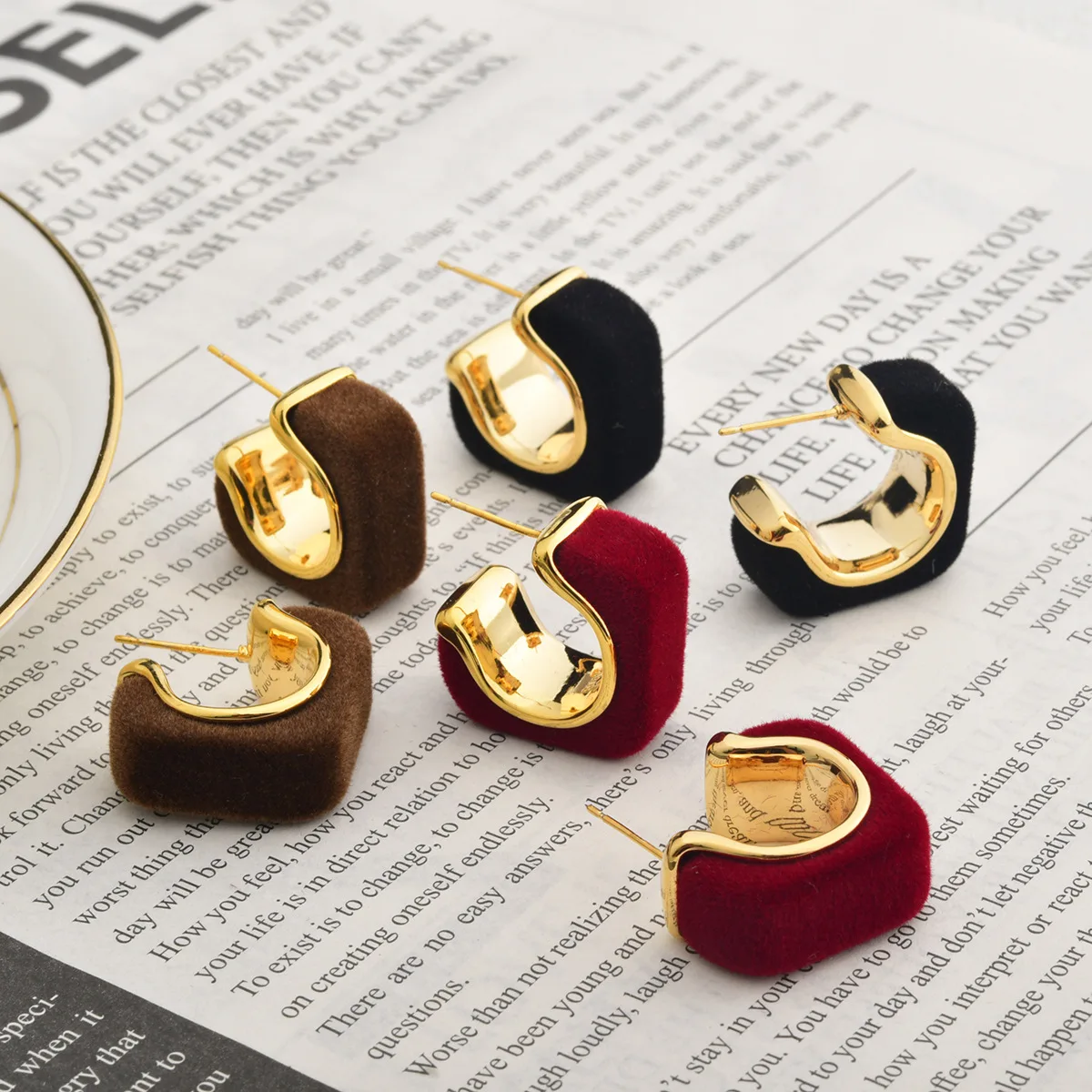 Square flocking temperament stud earrings light luxury retro niche design ear jewelry