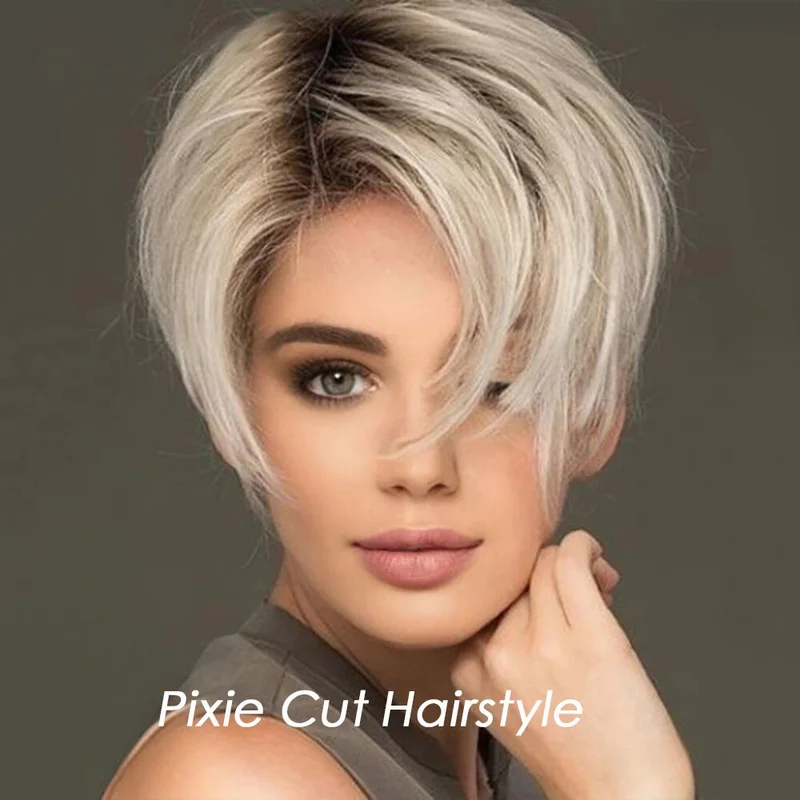 Short Blonde Brown Hair Wigs 13x1 Lace Front Wig with Side Pixie Cut Wig