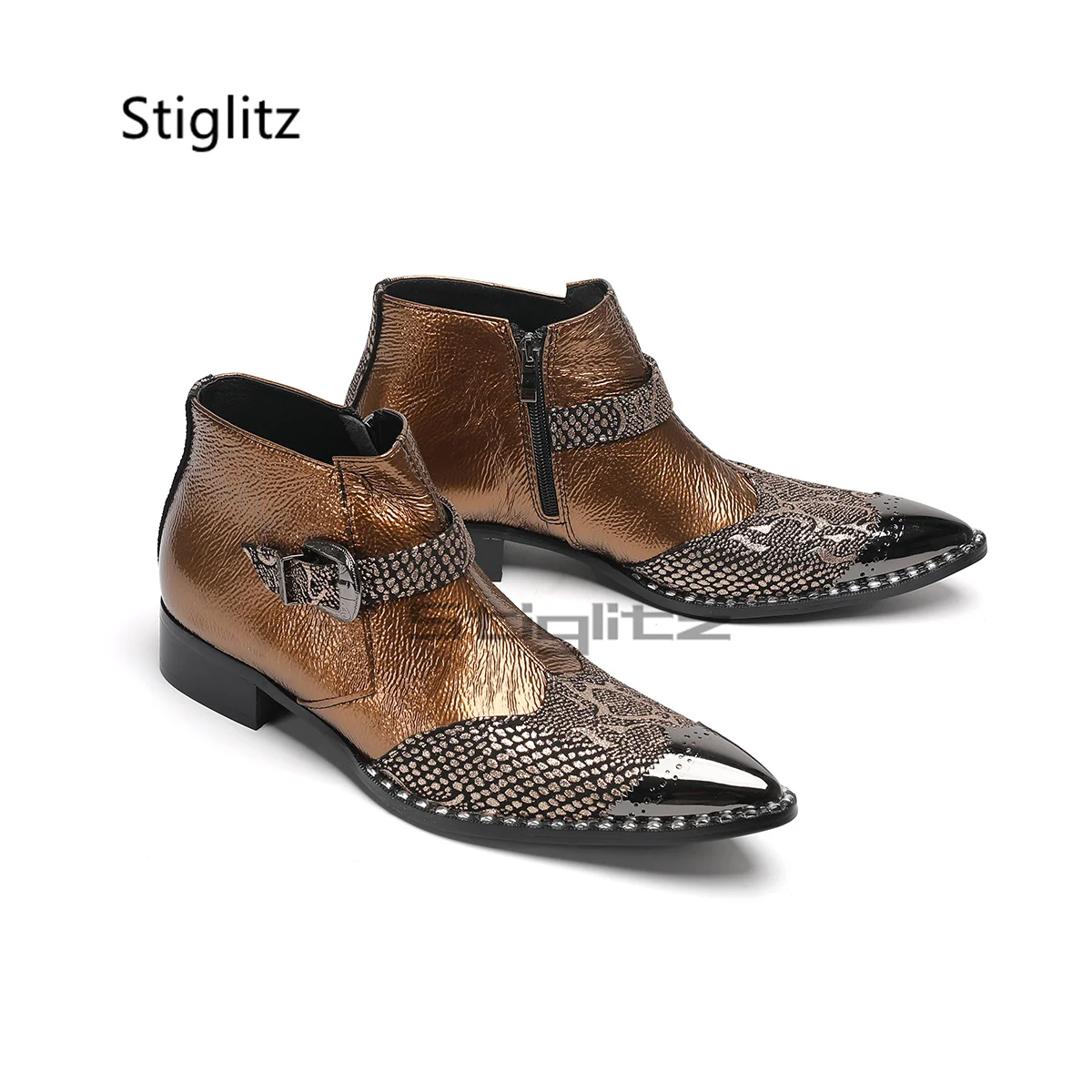 Men's Splicing Chelsea Boots Belt Buckle Metal Pointed Toe Short Boots Genuine Leather Low Heel Party Banquet Dress Shoes