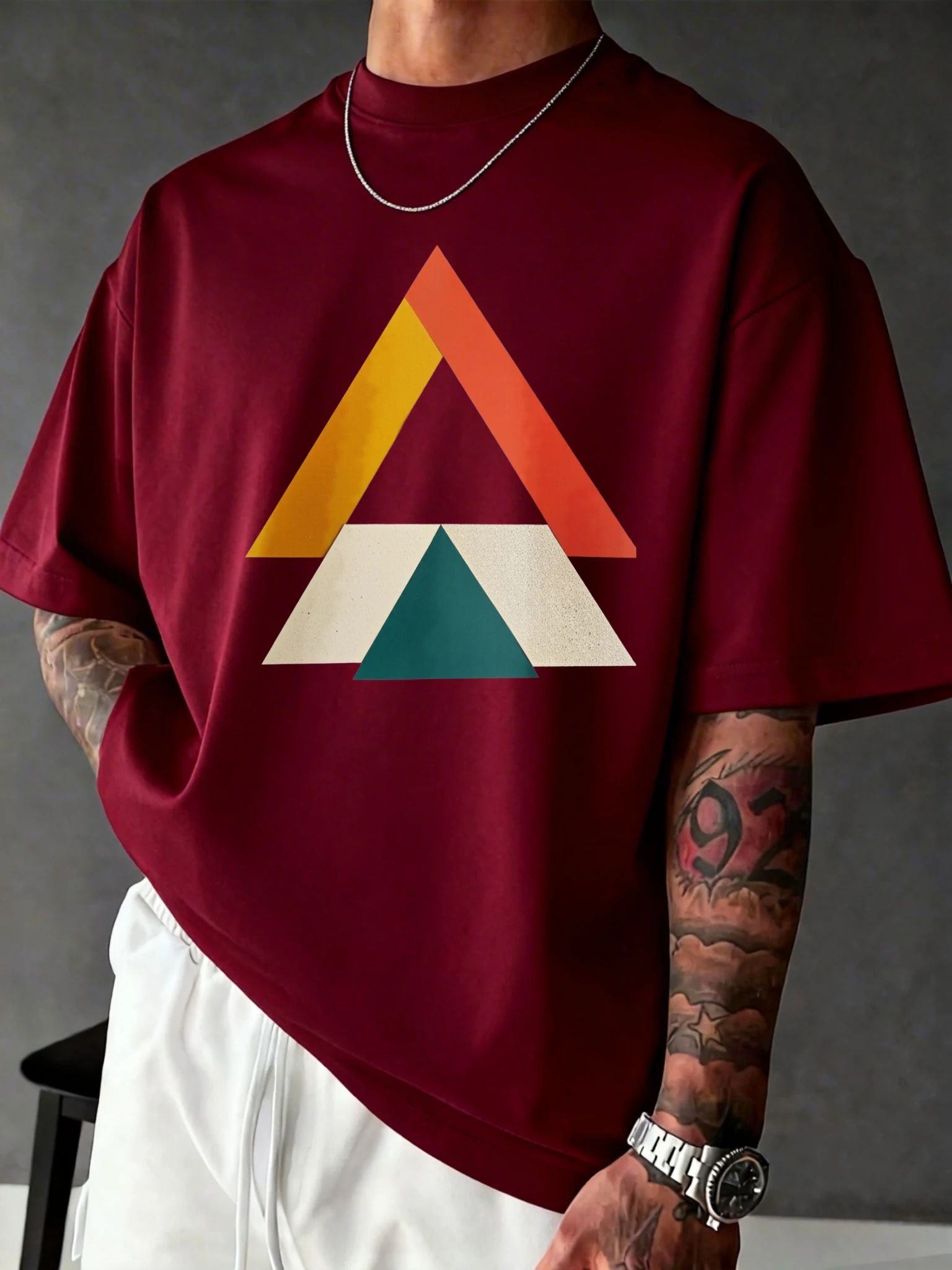 Summer Men Crew‑neck Tee, 100%‑Cotton Retro Triangle Geometric Print, Streetwear Casual Daily Short‑Sleeve Fashion Tops