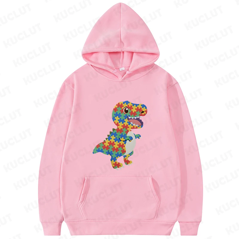 Hoodies de dinossauro unisex, camisolas de manga comprida, Outerwears, roupas Y2K, consciência do mês do autismo, Rex, outono, inverno