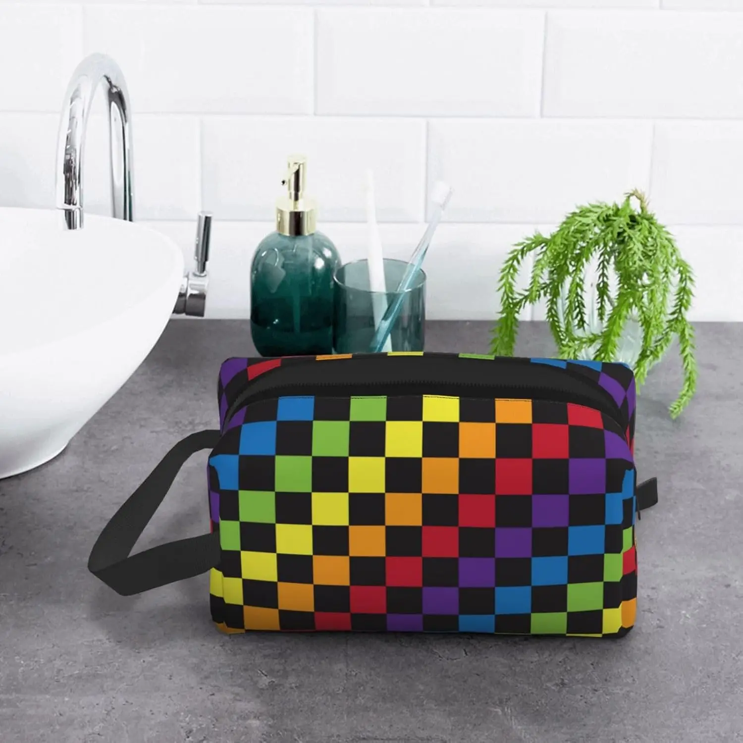 

ЛГБТ Радужная клетчатая шахматная доска Дорожные косметички Косметички с подвесной косметичкой для женщин и мужчин