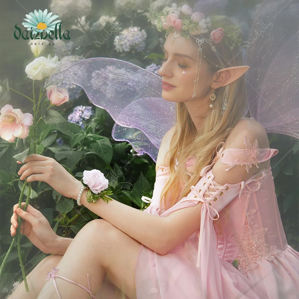 US Stock DAIZBELLA Women's Medieval Flower Elf Fairy Pink Dress Renaissance Fantasy Costume Inner Dress and Corset with Sleeves view 4