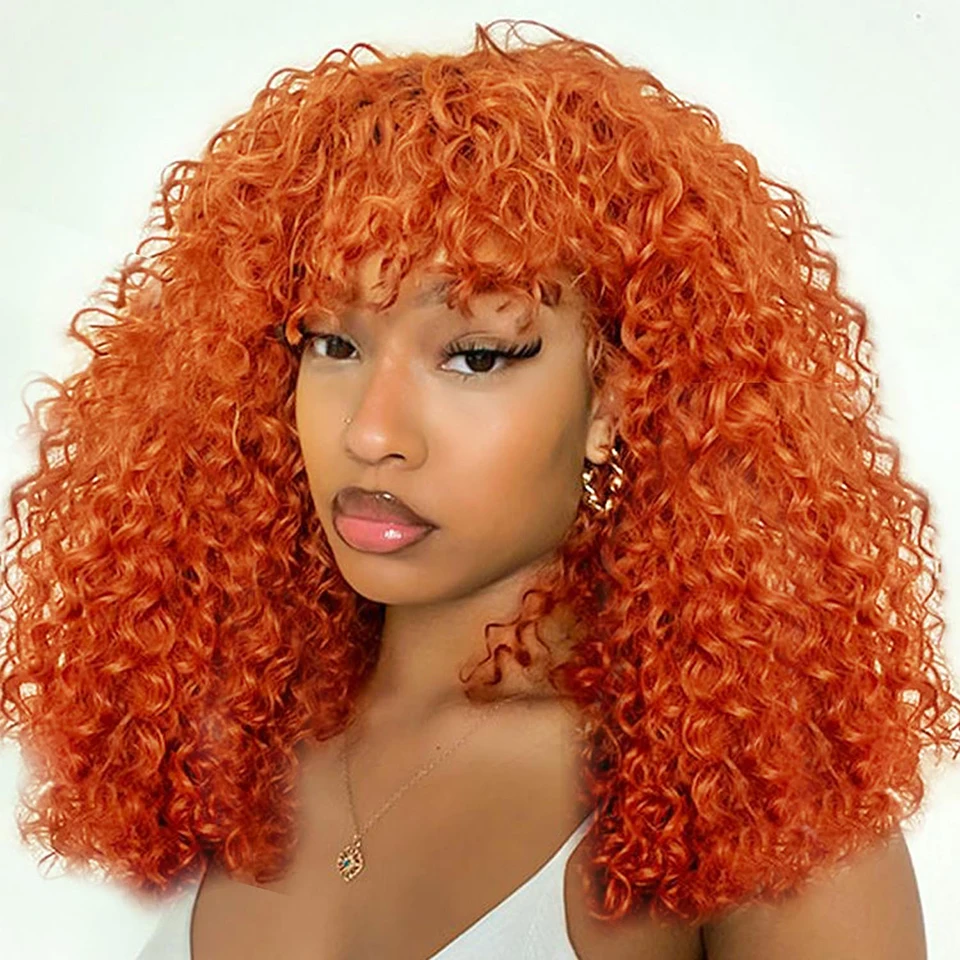 Ginger Jerry Curly Short Pixie Bob Cut Remy Human Hair Wigs With Bangs Honey Blonde Orange Non lace front Wigs For Black Women