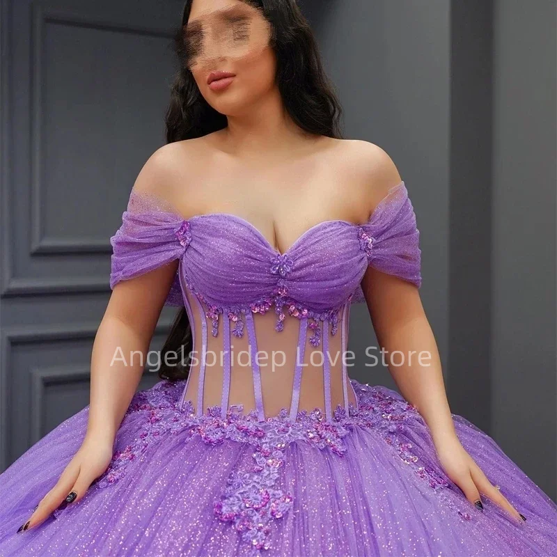 Angelsbride Lavender Ball Gown Quinceanera Dresses With Beading Ruffle Train Cinderella Birthday Party Gown Vestido De 15 Años