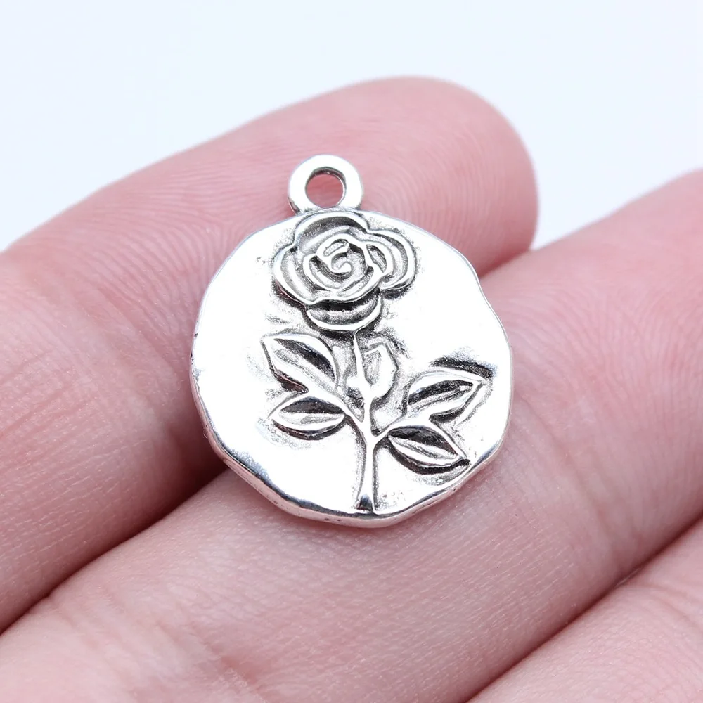 10Pcs/Lot 18x21mm Antique Silver Color Rose Tag Charms Pendant For DIY Jewelry Making Handmade Jewelry Craft Findings